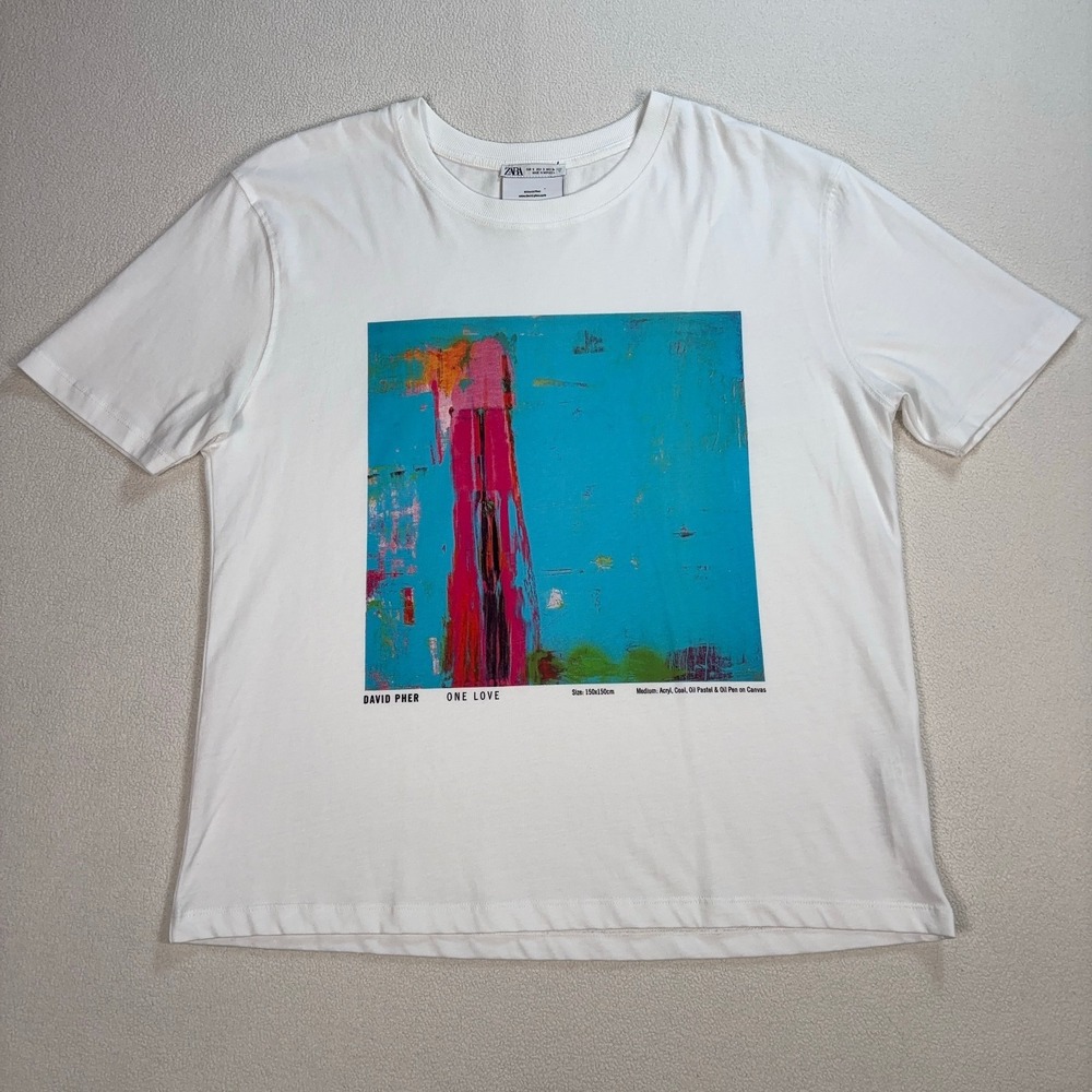 Zara x David Pher Art T-Shirt Men's S White One Love Cotton Painting Graphic Tee